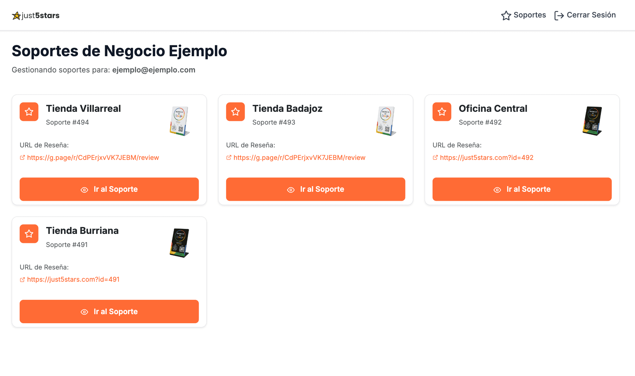 Portal just5stars - Vista principal del dashboard con los expositores